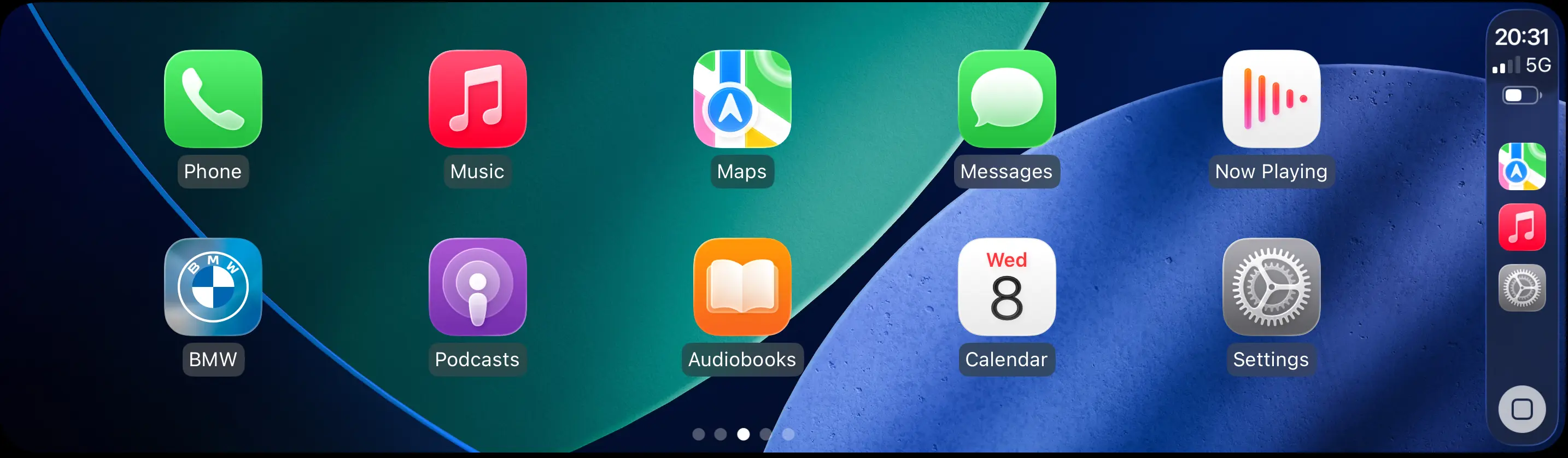 Apple CarPlay main screen interface in BMW displaying iOS apps and navigation